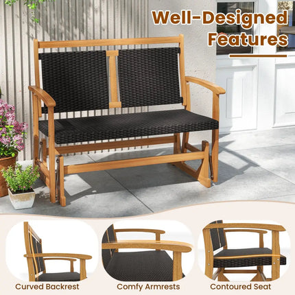 Patio Rattan Glider Bench for 2 with Acacia Wood Frame and Wicker Seat Back - Brown - Patio Rocking Chairs & Gliders