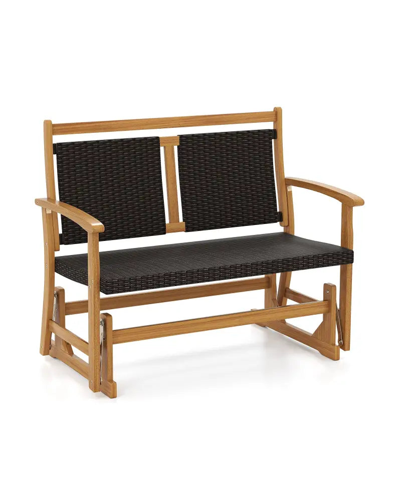Patio Rattan Glider Bench for 2 with Acacia Wood Frame and Wicker Seat Back - Brown - Patio Rocking Chairs & Gliders
