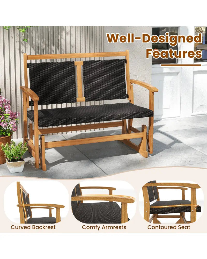 Patio Rattan Glider Bench for 2 with Acacia Wood Frame and Wicker Seat Back - Brown - Patio Rocking Chairs & Gliders