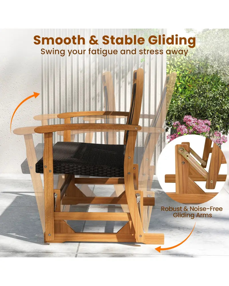 Patio Rattan Glider Bench for 2 with Acacia Wood Frame and Wicker Seat Back - Brown - Patio Rocking Chairs & Gliders