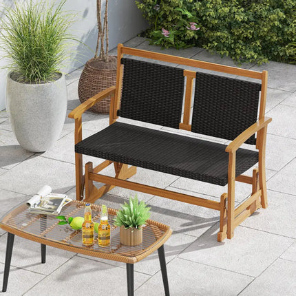 Patio Rattan Glider Bench for 2 with Acacia Wood Frame and Wicker Seat Back - Brown - Patio Rocking Chairs & Gliders