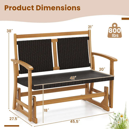 Patio Rattan Glider Bench for 2 with Acacia Wood Frame and Wicker Seat Back - Brown - Patio Rocking Chairs & Gliders