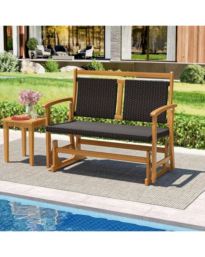 Patio Rattan Glider Bench for 2 with Acacia Wood Frame and Wicker Seat Back - Brown - Patio Rocking Chairs & Gliders