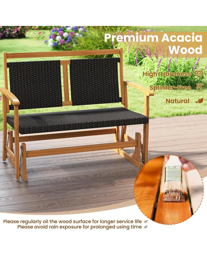 Patio Rattan Glider Bench for 2 with Acacia Wood Frame and Wicker Seat Back - Brown - Patio Rocking Chairs & Gliders
