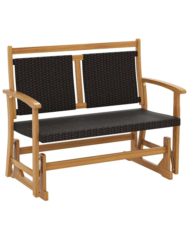 Patio Rattan Glider Bench for 2 with Acacia Wood Frame and Wicker Seat Back - Brown - Patio Rocking Chairs & Gliders