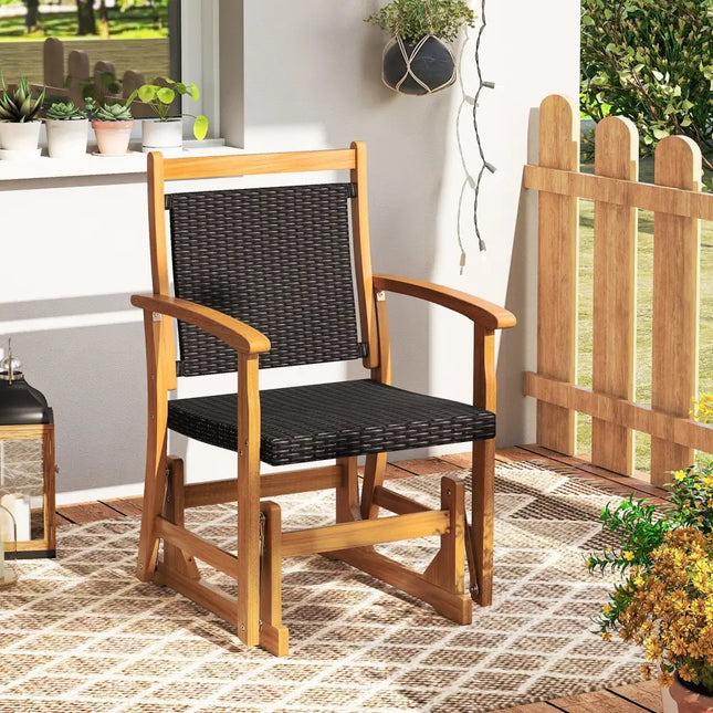 Patio Rattan Glider Chair with Acacia Wood Frame and Wicker Seat Back - Brown - Patio Rocking Chairs & Gliders