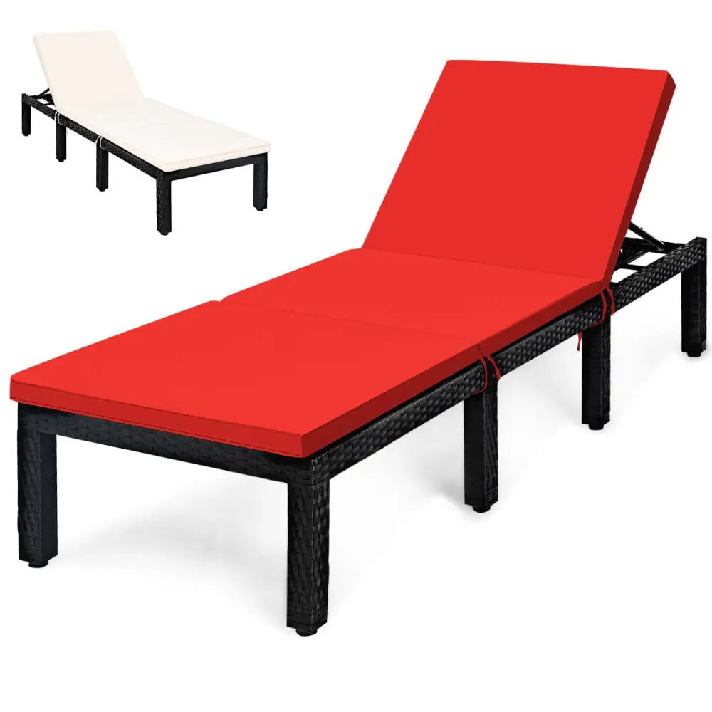Patio Rattan Height Adjustable Lounge Chair with 2 Set of Cushion Cover-Red & Off White - Red & Off White - Outdoor