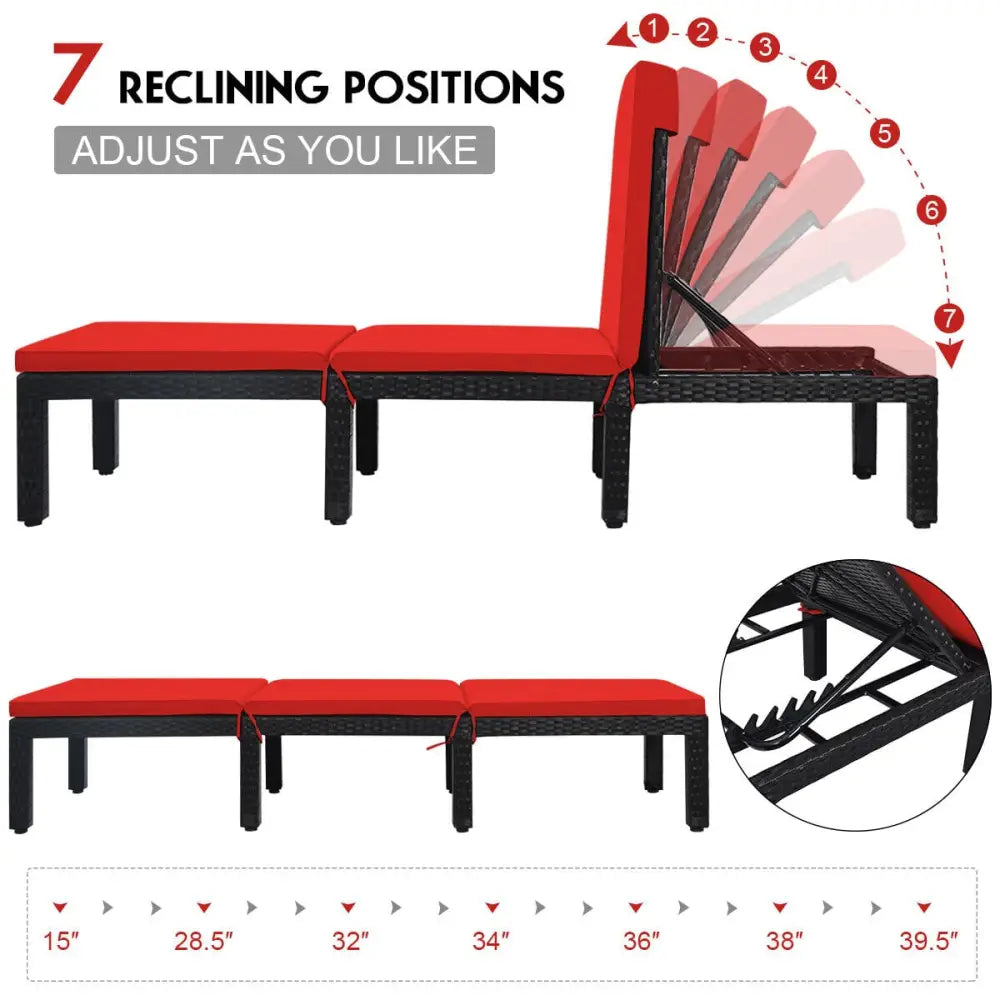 Patio Rattan Height Adjustable Lounge Chair with 2 Set of Cushion Cover-Red & Off White - Red & Off White - Outdoor