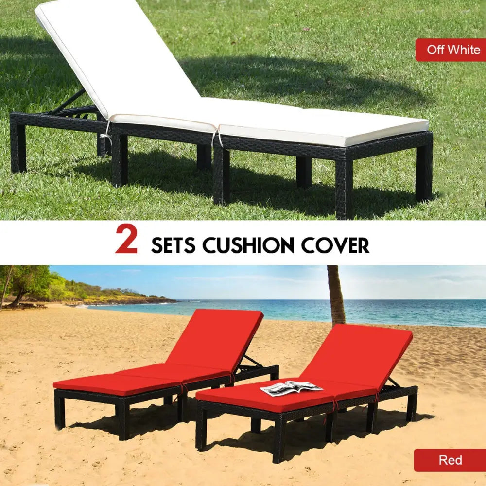 Patio Rattan Height Adjustable Lounge Chair with 2 Set of Cushion Cover-Red & Off White - Red & Off White - Outdoor