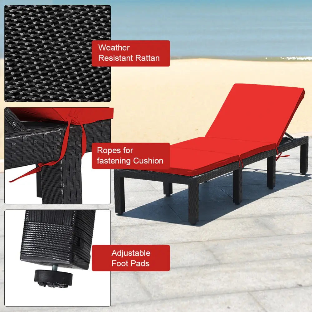 Patio Rattan Height Adjustable Lounge Chair with 2 Set of Cushion Cover-Red & Off White - Red & Off White - Outdoor