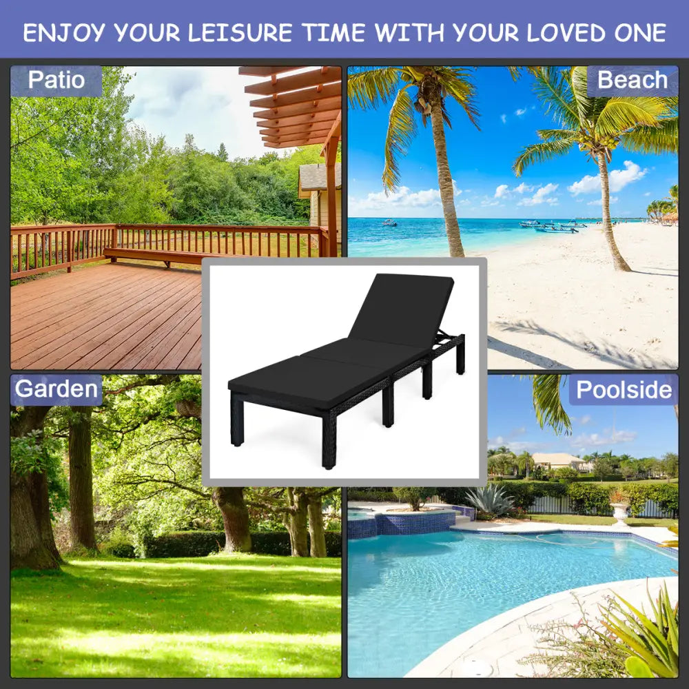Patio Rattan Height Adjustable Lounge Chair with 2 Set of Cushion Cover-Black & Turquoise - Black & Turquoise - Outdoor