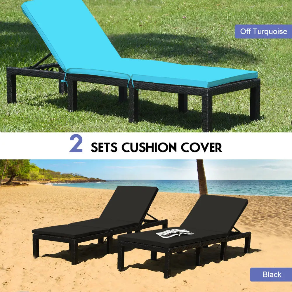 Patio Rattan Height Adjustable Lounge Chair with 2 Set of Cushion Cover-Black & Turquoise - Black & Turquoise - Outdoor