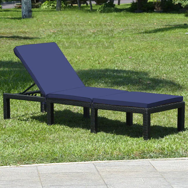 Patio Rattan Height Adjustable Lounge Chair with 2 Set of Cushion Cover-Navy & Off White - Navy & Off White - Outdoor