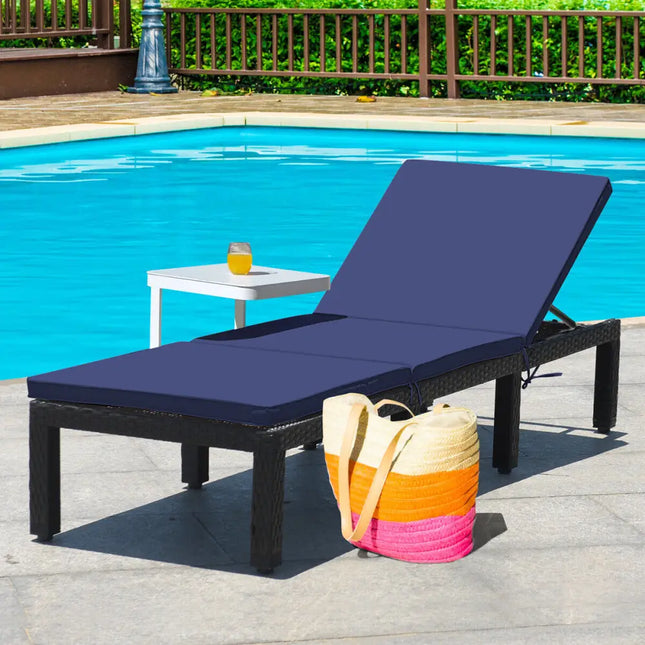 Patio Rattan Height Adjustable Lounge Chair with 2 Set of Cushion Cover-Navy & Off White - Navy & Off White - Outdoor