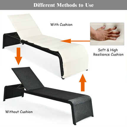 Patio Rattan Lounge Chair Back Adjustable Chaise Recliner with Cushions-White - White - Outdoor Chaise Lounges