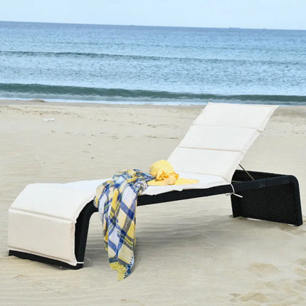 Patio Rattan Lounge Chair Back Adjustable Chaise Recliner with Cushions-White - White - Outdoor Chaise Lounges