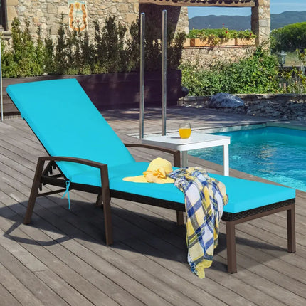 Patio Rattan Lounge Chaise Recliner with Back Adjustable Cushioned-Turquoise - Turquoise - Outdoor Chaise Lounges