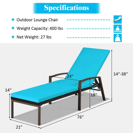Patio Rattan Lounge Chaise Recliner with Back Adjustable Cushioned-Turquoise - Turquoise - Outdoor Chaise Lounges