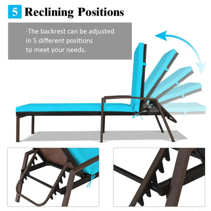Patio Rattan Lounge Chaise Recliner with Back Adjustable Cushioned-Turquoise - Turquoise - Outdoor Chaise Lounges