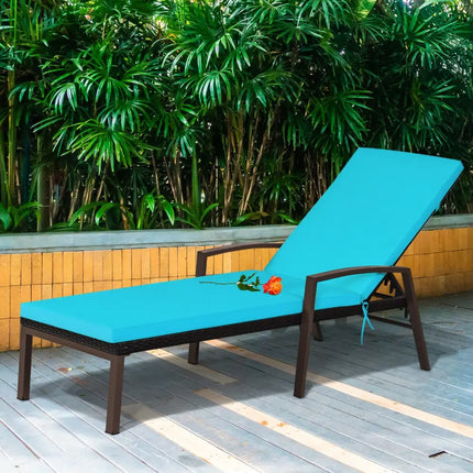Patio Rattan Lounge Chaise Recliner with Back Adjustable Cushioned-Turquoise - Turquoise - Outdoor Chaise Lounges
