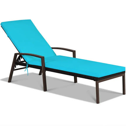 Patio Rattan Lounge Chaise Recliner with Back Adjustable Cushioned-Turquoise - Turquoise - Outdoor Chaise Lounges