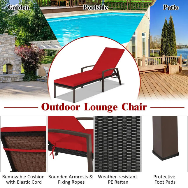 Patio Rattan Lounge Chaise Recliner with Back Adjustable Cushioned - Red - Outdoor Chaise Lounges
