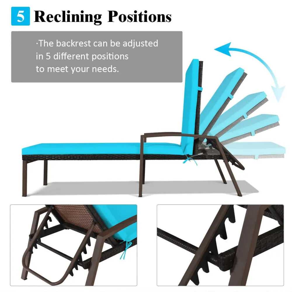 Patio Rattan Lounge Chaise Recliner with Back Adjustable Cushioned-Turquoise - Turquoise - Outdoor Chaise Lounges
