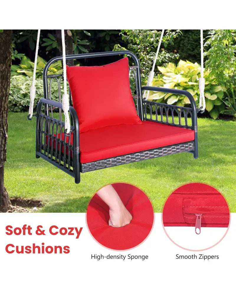 Patio Rattan Porch Swing Hammock Chair with Seat Cushion-Red - Red - Porch Swings
