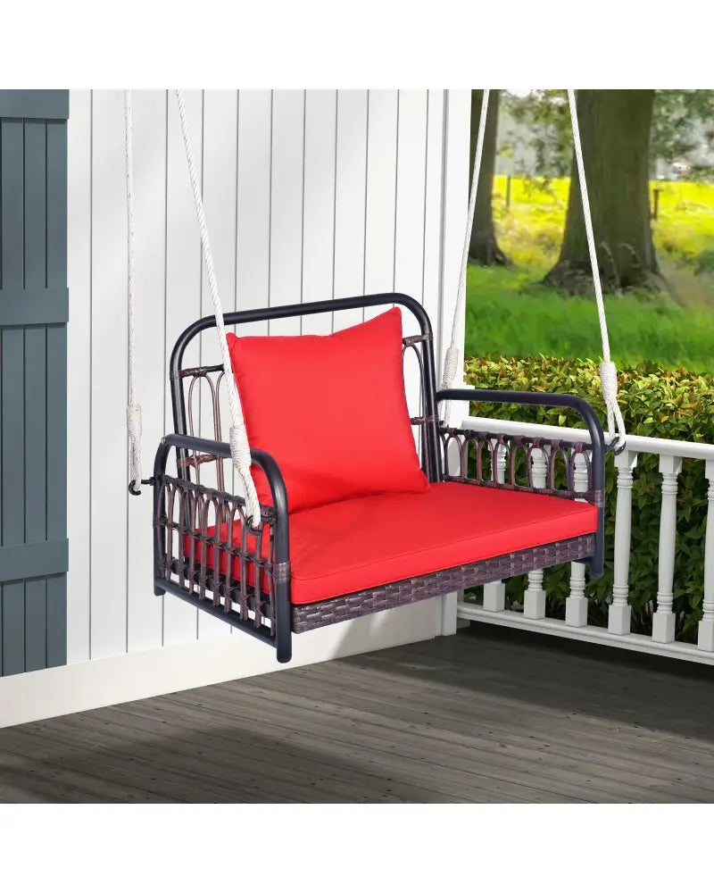 Patio Rattan Porch Swing Hammock Chair with Seat Cushion-Red - Red - Porch Swings