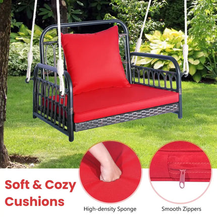 Patio Rattan Porch Swing Hammock Chair with Seat Cushion-Red - Red - Porch Swings