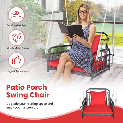 Patio Rattan Porch Swing Hammock Chair with Seat Cushion-Red - Red - Porch Swings
