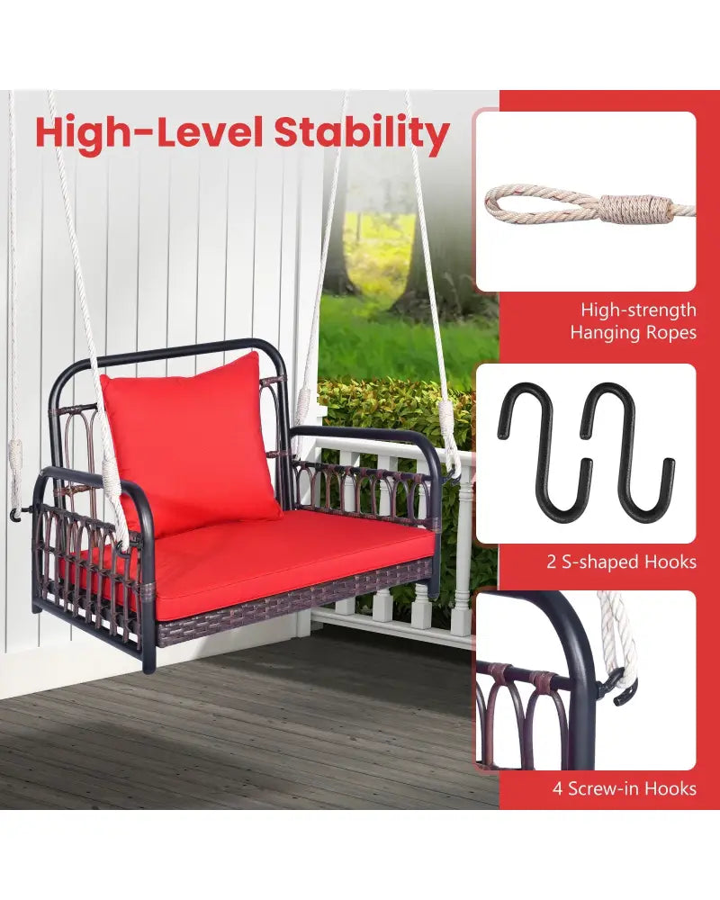 Patio Rattan Porch Swing Hammock Chair with Seat Cushion-Red - Red - Porch Swings