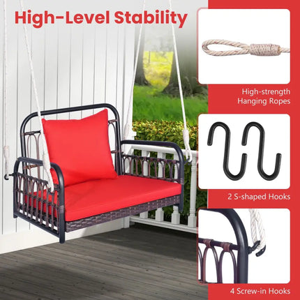 Patio Rattan Porch Swing Hammock Chair with Seat Cushion-Red - Red - Porch Swings