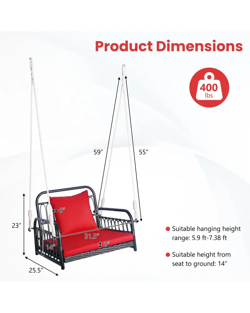 Patio Rattan Porch Swing Hammock Chair with Seat Cushion-Red - Red - Porch Swings