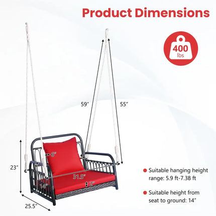 Patio Rattan Porch Swing Hammock Chair with Seat Cushion-Red - Red - Porch Swings