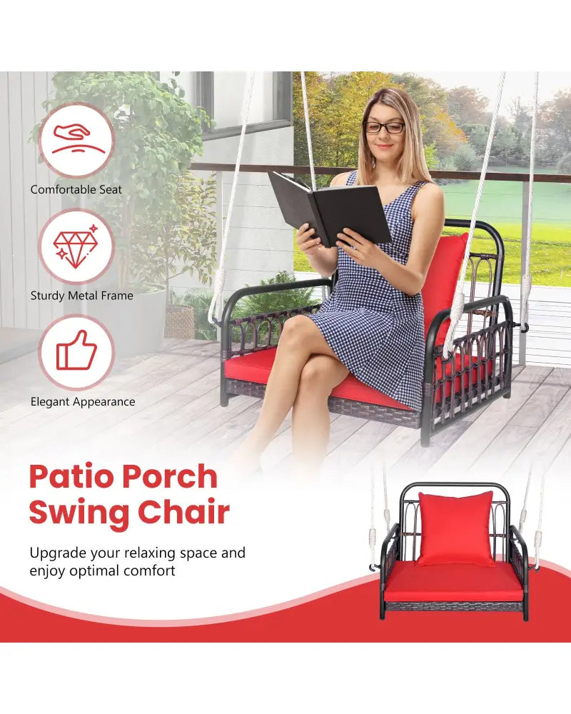 Patio Rattan Porch Swing Hammock Chair with Seat Cushion-Red - Red - Porch Swings