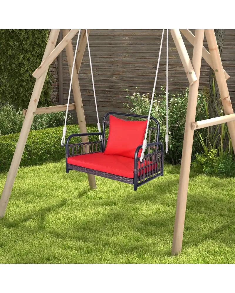 Patio Rattan Porch Swing Hammock Chair with Seat Cushion-Red - Red - Porch Swings