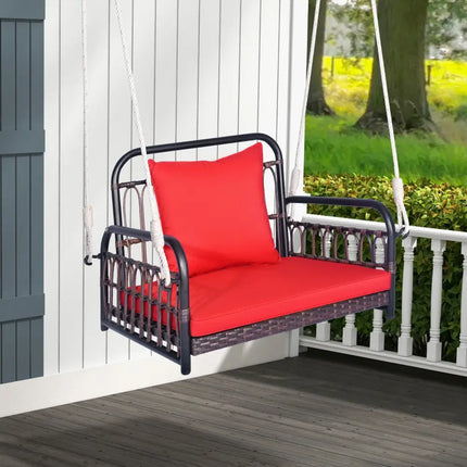 Patio Rattan Porch Swing Hammock Chair with Seat Cushion-Red - Red - Porch Swings