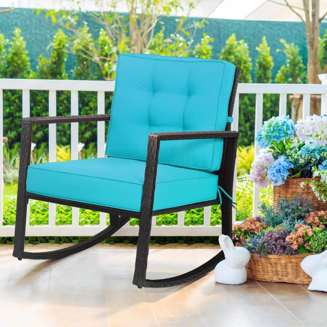 Patio Rattan Rocker Outdoor Glider Rocking Chair Cushion Lawn-Turquoise - Turquoise - Patio Rocking Chairs & Gliders