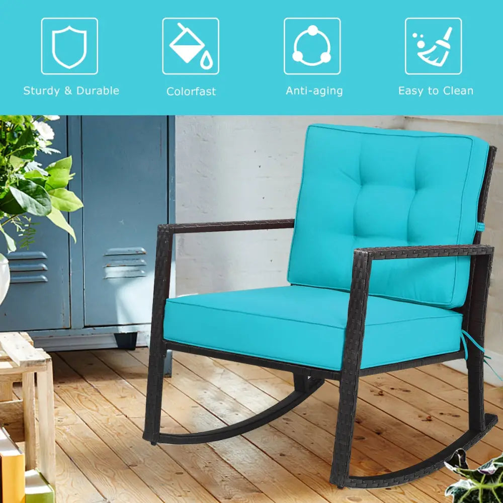 Patio Rattan Rocker Outdoor Glider Rocking Chair Cushion Lawn-Turquoise - Turquoise - Patio Rocking Chairs & Gliders