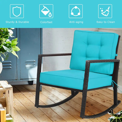 Patio Rattan Rocker Outdoor Glider Rocking Chair Cushion Lawn-Turquoise - Turquoise - Patio Rocking Chairs & Gliders