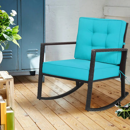 Patio Rattan Rocker Outdoor Glider Rocking Chair Cushion Lawn-Turquoise - Turquoise - Patio Rocking Chairs & Gliders