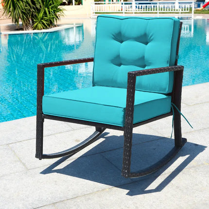 Patio Rattan Rocker Outdoor Glider Rocking Chair Cushion Lawn-Turquoise - Turquoise - Patio Rocking Chairs & Gliders