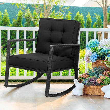 Patio Rattan Rocker Outdoor Glider Rocking Chair Cushion Lawn-Black - Black - Patio Rocking Chairs & Gliders