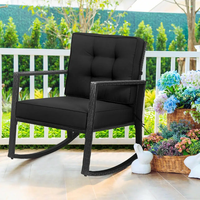 Patio Rattan Rocker Outdoor Glider Rocking Chair Cushion Lawn-Black - Black - Patio Rocking Chairs & Gliders