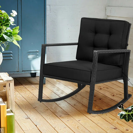 Patio Rattan Rocker Outdoor Glider Rocking Chair Cushion Lawn-Black - Black - Patio Rocking Chairs & Gliders