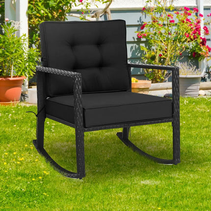 Patio Rattan Rocker Outdoor Glider Rocking Chair Cushion Lawn-Black - Black - Patio Rocking Chairs & Gliders