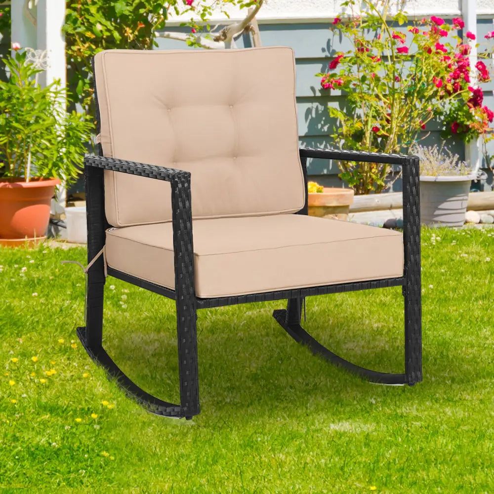 Patio Rattan Rocker Outdoor Glider Rocking Chair Cushion Lawn-Brown - Brown - Patio Rocking Chairs & Gliders