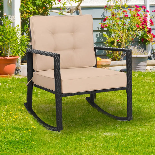Patio Rattan Rocker Outdoor Glider Rocking Chair Cushion Lawn-Brown - Brown - Patio Rocking Chairs & Gliders