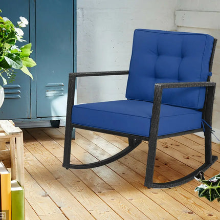 Patio Rattan Rocker Outdoor Glider Rocking Chair Cushion Lawn-Navy - Navy - Patio Rocking Chairs & Gliders